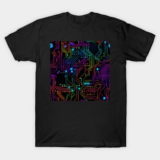 Cybernetic Dreams: Vibrant Neon Circuitry Abstract Design T-Shirt